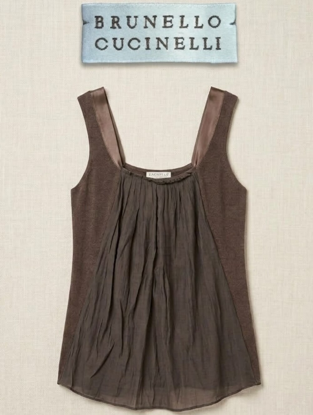Brunello Cucinelli Vintage Brown Knit Draped Tank Top Silk Trim XS S Luxury